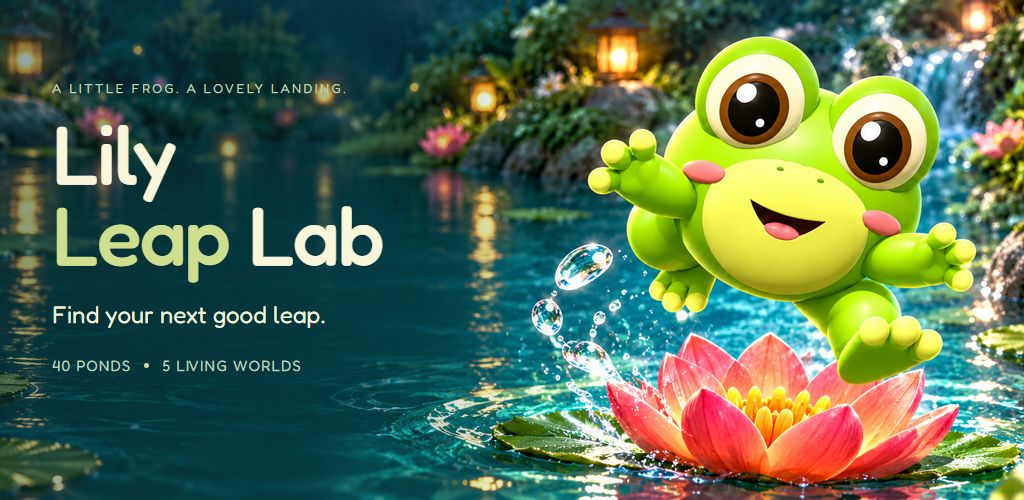 Lily Leap Lab — a smiling green frog leaping above a pink lotus in a lantern-lit pond